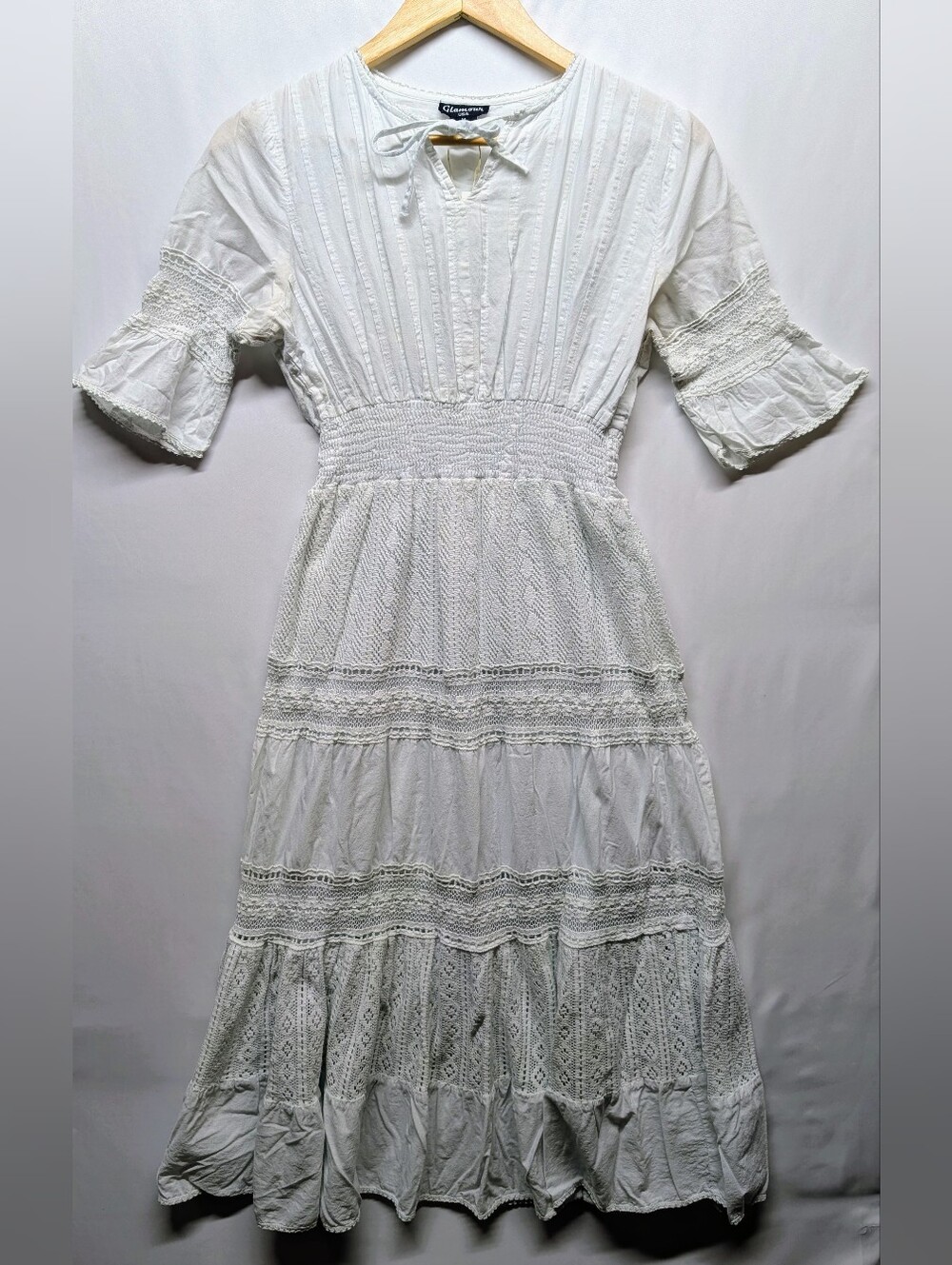 Glamour White Lace-Trim Maxi Dress with Smocked Waist - Picture 1 of 4